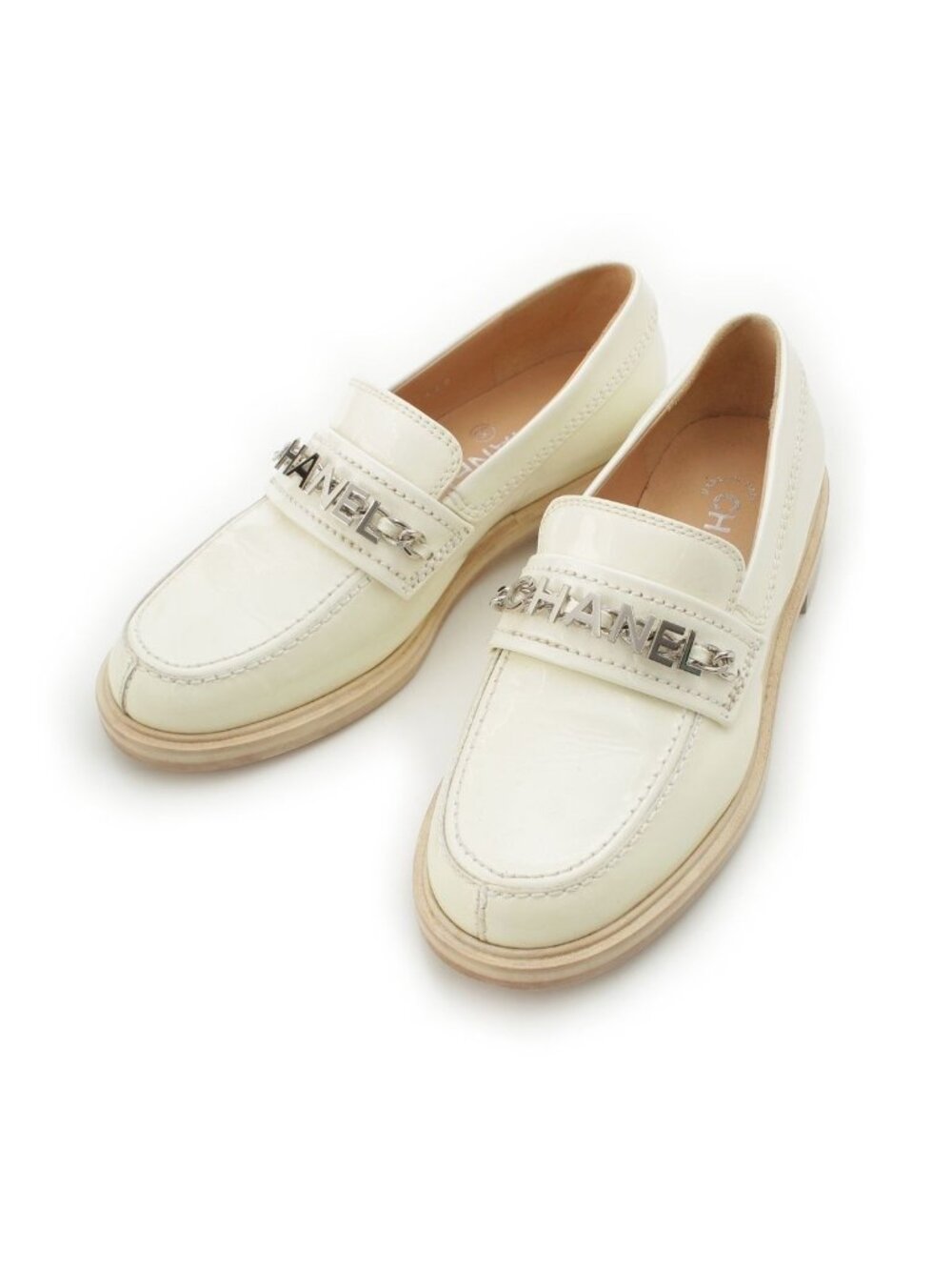 Chanel Patent Leather Logo Chain CC Loafers Moccasins White